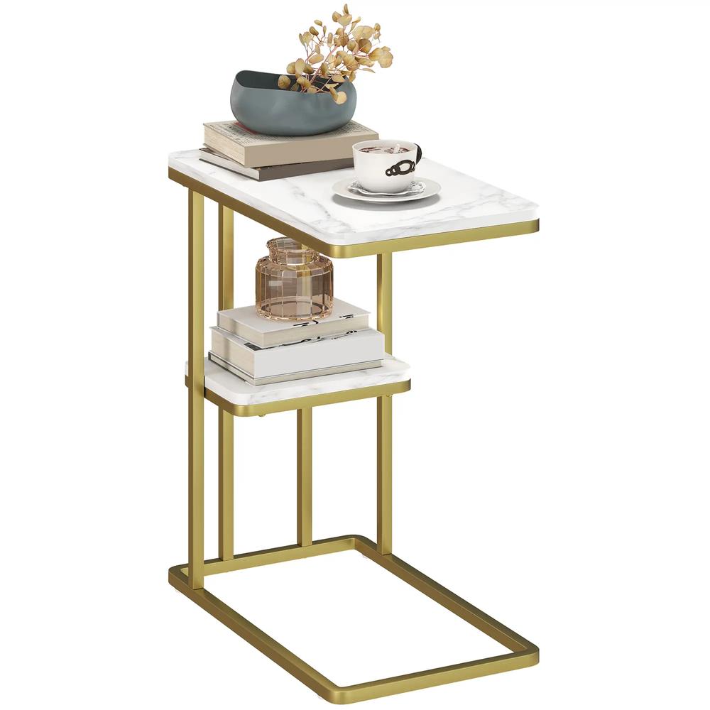 HOMCOM C-Shaped Narrow Side Table, 2-Tier Slim End Table, Nightstand for Small Spaces, Living Room, Bedroom, White Marble Grain Additional View 11
