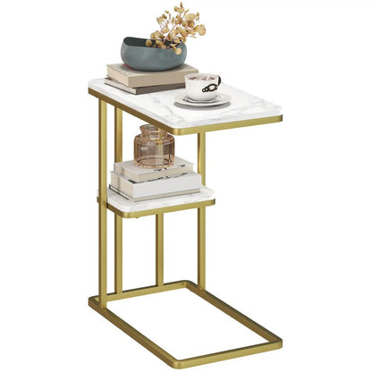 HOMCOM C-Shaped Narrow Side Table, 2-Tier Slim End Table, Nightstand for Small Spaces, Living Room, Bedroom, White Marble Grain Additional View 11