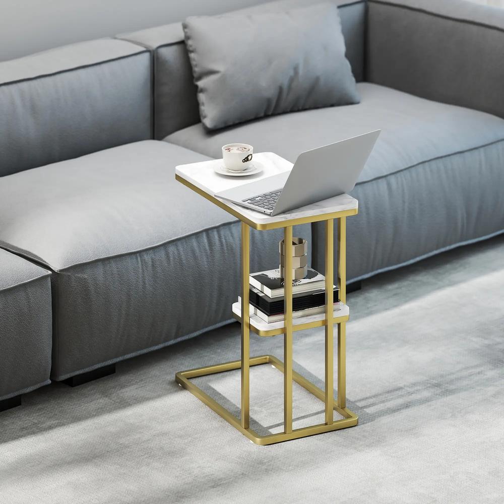 HOMCOM C-Shaped Narrow Side Table, 2-Tier Slim End Table, Nightstand for Small Spaces, Living Room, Bedroom, White Marble Grain Additional View 2