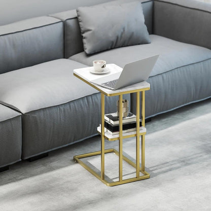 HOMCOM C-Shaped Narrow Side Table, 2-Tier Slim End Table, Nightstand for Small Spaces, Living Room, Bedroom, White Marble Grain Additional View 2