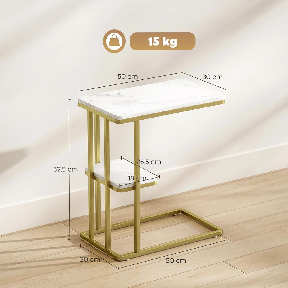 HOMCOM C-Shaped Narrow Side Table, 2-Tier Slim End Table, Nightstand for Small Spaces, Living Room, Bedroom, White Marble Grain Additional View 3