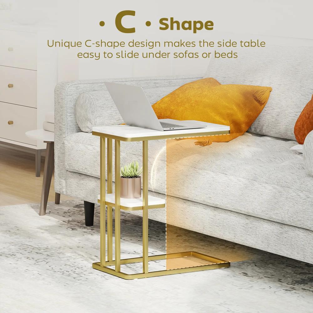 HOMCOM C-Shaped Narrow Side Table, 2-Tier Slim End Table, Nightstand for Small Spaces, Living Room, Bedroom, White Marble Grain Additional View 4