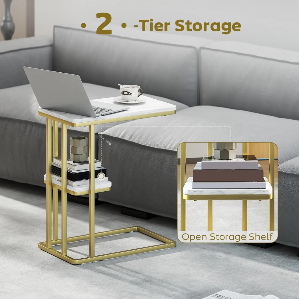 HOMCOM C-Shaped Narrow Side Table, 2-Tier Slim End Table, Nightstand for Small Spaces, Living Room, Bedroom, White Marble Grain Additional View 5