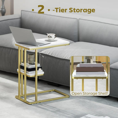 HOMCOM C-Shaped Narrow Side Table, 2-Tier Slim End Table, Nightstand for Small Spaces, Living Room, Bedroom, White Marble Grain Additional View 5