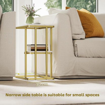 HOMCOM C-Shaped Narrow Side Table, 2-Tier Slim End Table, Nightstand for Small Spaces, Living Room, Bedroom, White Marble Grain Additional View 6