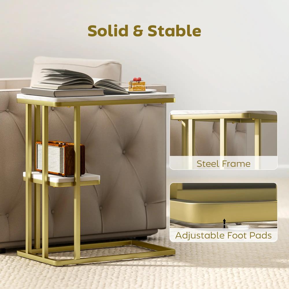 HOMCOM C-Shaped Narrow Side Table, 2-Tier Slim End Table, Nightstand for Small Spaces, Living Room, Bedroom, White Marble Grain Additional View 7