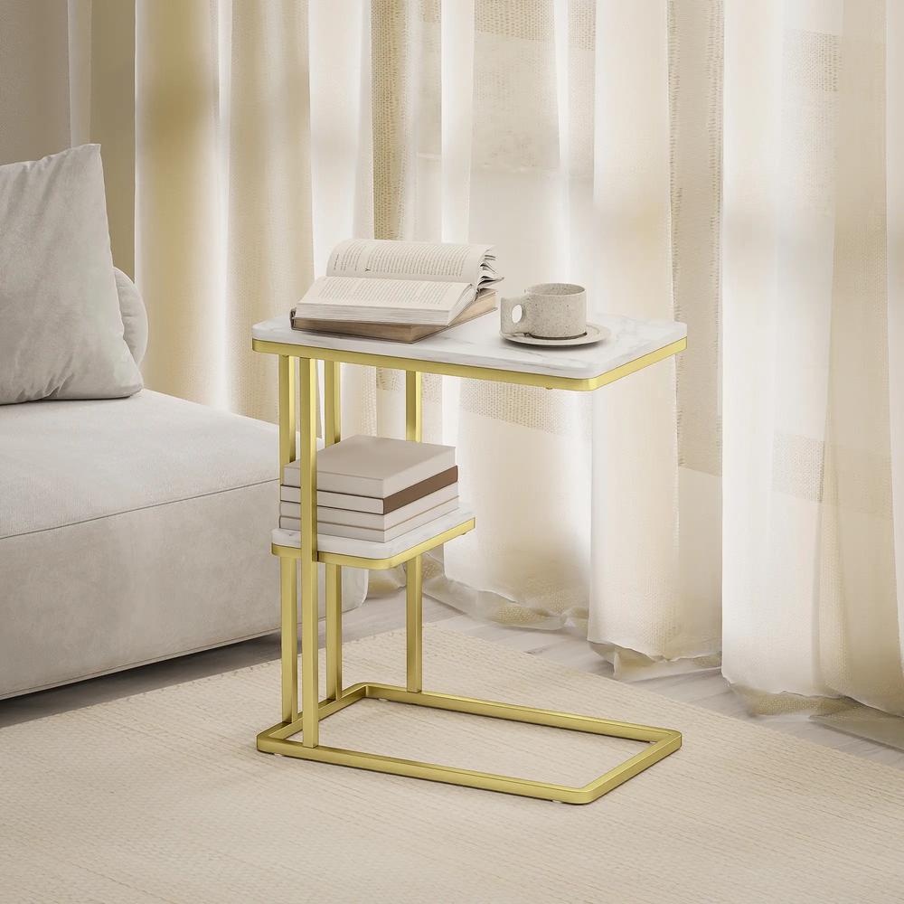 HOMCOM C-Shaped Narrow Side Table, 2-Tier Slim End Table, Nightstand for Small Spaces, Living Room, Bedroom, White Marble Grain Additional View 8