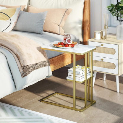 HOMCOM C-Shaped Narrow Side Table, 2-Tier Slim End Table, Nightstand for Small Spaces, Living Room, Bedroom, White Marble Grain Additional View 10