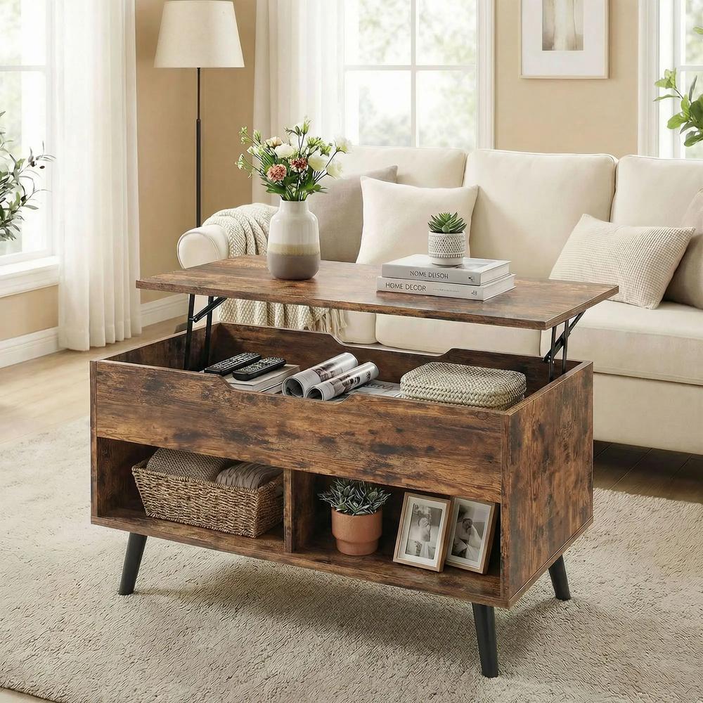 HOMCOM Lift Top Coffee Table with Hidden Storage Living Room Table Metal Legs 75 cm Rustic Brown Additional View 2