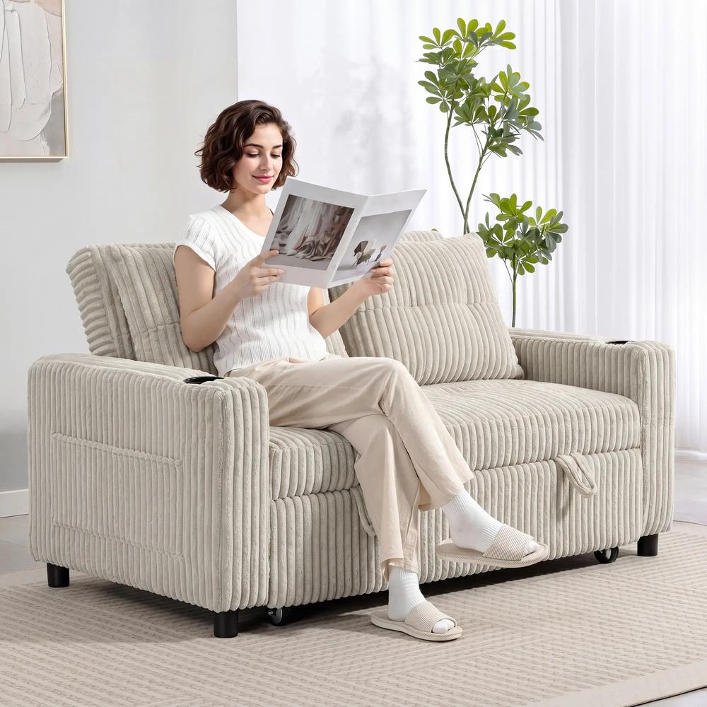 HOMCOM Corduroy Click Clack Sleeper Sofa with Pull Out Design, 2 Seater Sofa Bed, Cream White Additional View 14