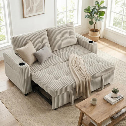 HOMCOM Corduroy Click Clack Sleeper Sofa with Pull Out Design, 2 Seater Sofa Bed, Cream White Additional View 2