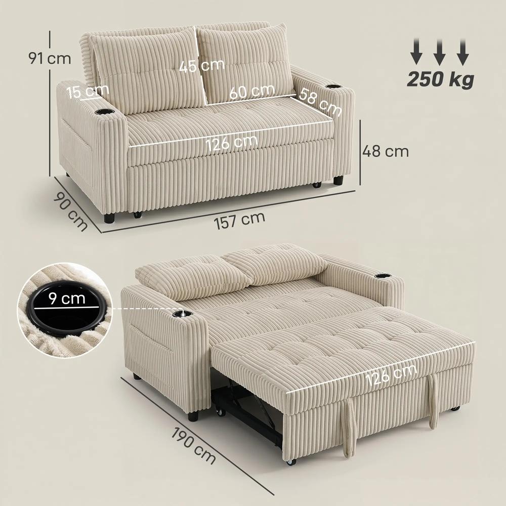 HOMCOM Corduroy Click Clack Sleeper Sofa with Pull Out Design, 2 Seater Sofa Bed, Cream White Additional View 3