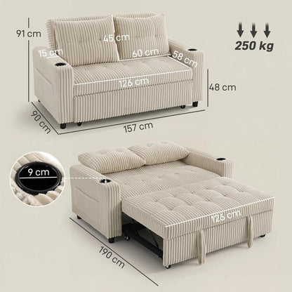 HOMCOM Corduroy Click Clack Sleeper Sofa with Pull Out Design, 2 Seater Sofa Bed, Cream White Additional View 3