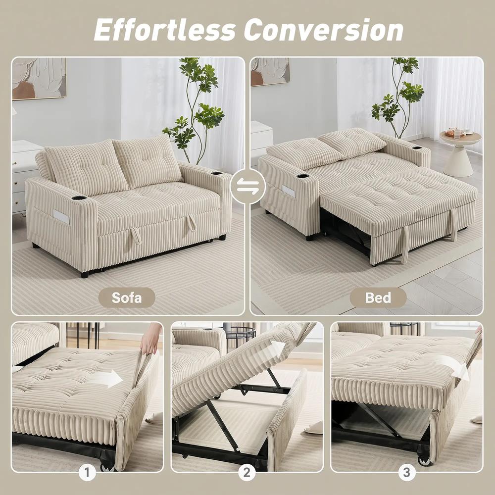 HOMCOM Corduroy Click Clack Sleeper Sofa with Pull Out Design, 2 Seater Sofa Bed, Cream White Additional View 4
