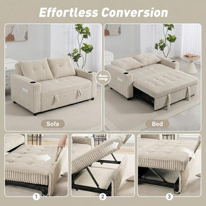 HOMCOM Corduroy Click Clack Sleeper Sofa with Pull Out Design, 2 Seater Sofa Bed, Cream White Additional View 4