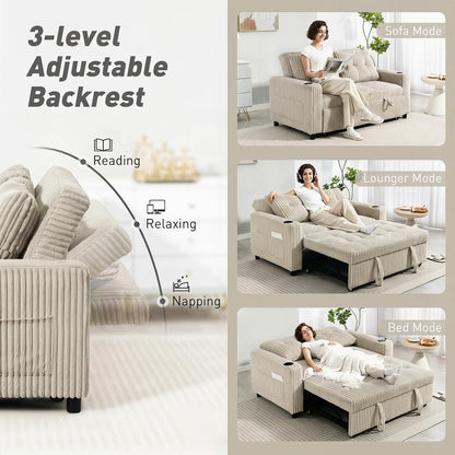 HOMCOM Corduroy Click Clack Sleeper Sofa with Pull Out Design, 2 Seater Sofa Bed, Cream White Additional View 5