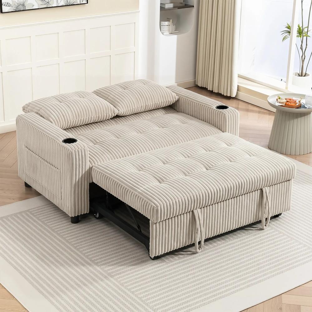 HOMCOM Corduroy Click Clack Sleeper Sofa with Pull Out Design, 2 Seater Sofa Bed, Cream White Additional View 8