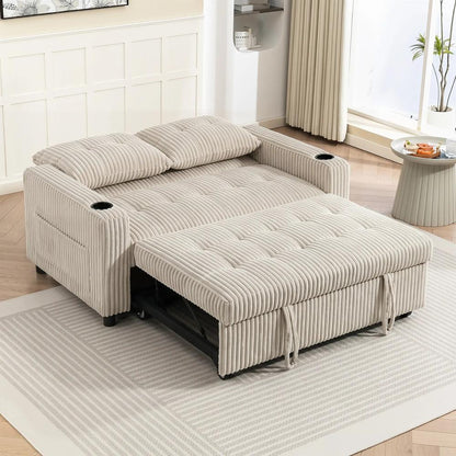 HOMCOM Corduroy Click Clack Sleeper Sofa with Pull Out Design, 2 Seater Sofa Bed, Cream White Additional View 8