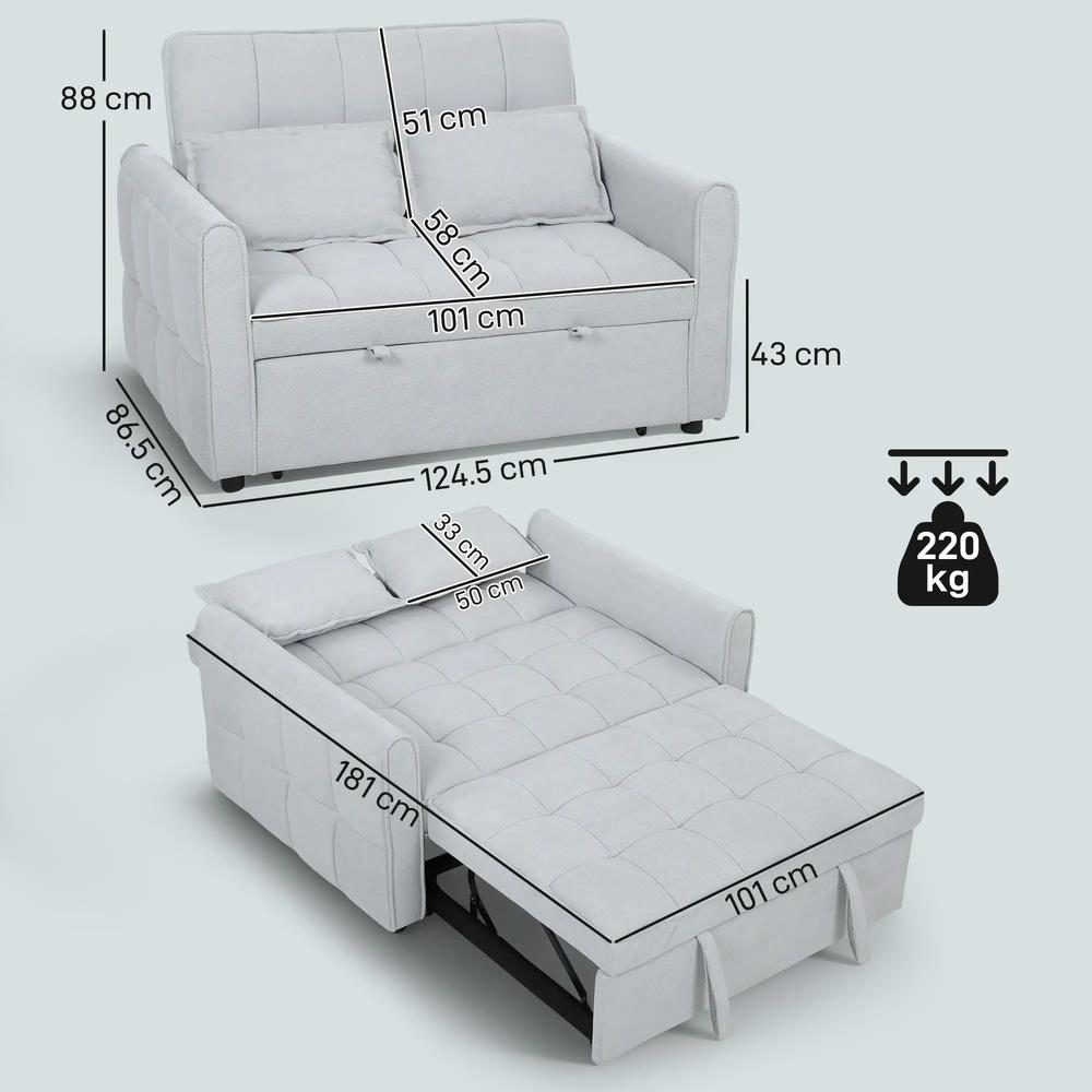 HOMCOM 2 Seater Sofa Bed, 3-in-1 Convertible Sleeper Sofa with Click-clack Adjustable Backrest and 2 Pillows Additional View 3