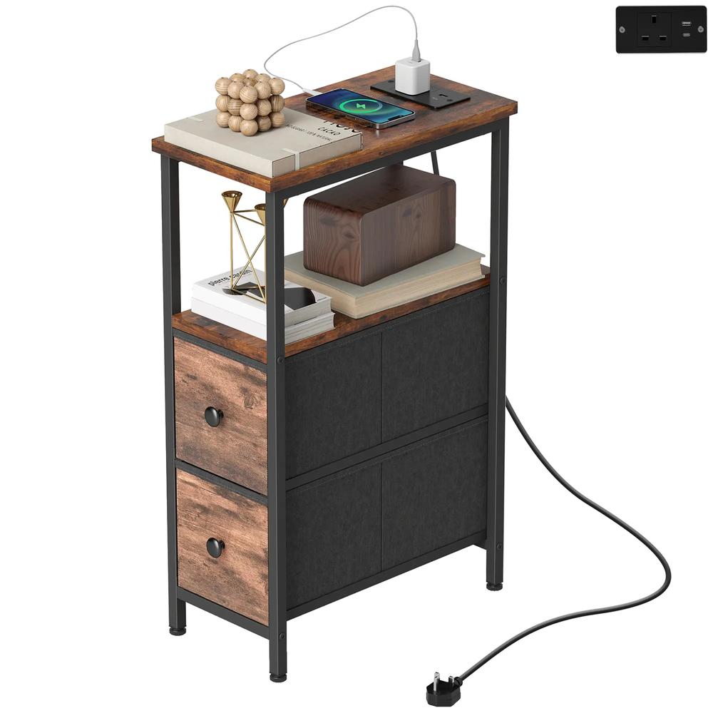 HOMCOM Side Table, Narrow Bedside Table with Charging Station, 2 Drawers, AC Outlet and 2 USB Ports for Living Room, Bedroom Additional View 11