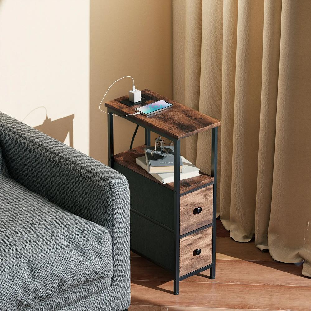 HOMCOM Side Table, Narrow Bedside Table with Charging Station, 2 Drawers, AC Outlet and 2 USB Ports for Living Room, Bedroom Additional View 2