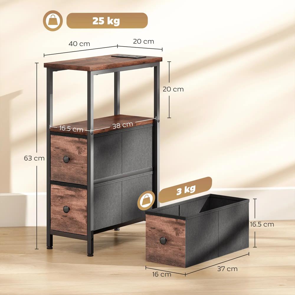 HOMCOM Side Table, Narrow Bedside Table with Charging Station, 2 Drawers, AC Outlet and 2 USB Ports for Living Room, Bedroom Additional View 3