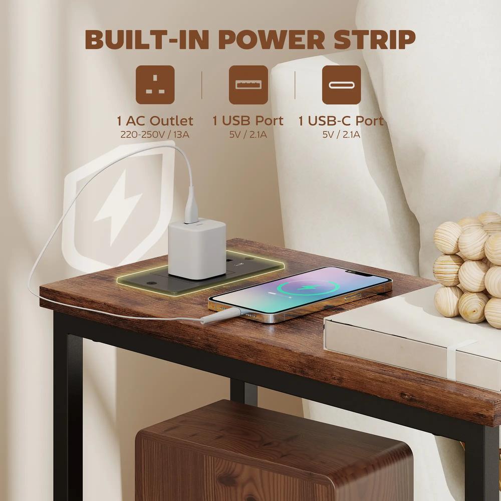 HOMCOM Side Table, Narrow Bedside Table with Charging Station, 2 Drawers, AC Outlet and 2 USB Ports for Living Room, Bedroom Additional View 4