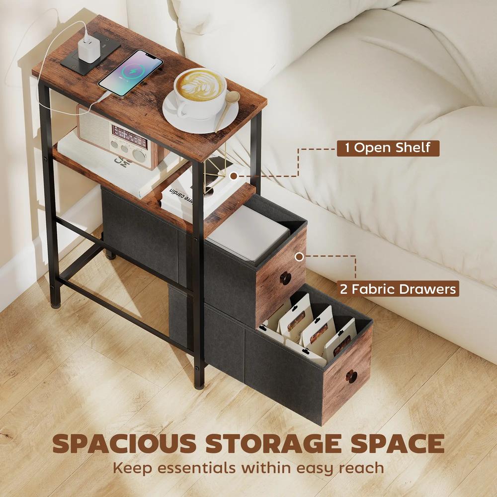 HOMCOM Side Table, Narrow Bedside Table with Charging Station, 2 Drawers, AC Outlet and 2 USB Ports for Living Room, Bedroom Additional View 5