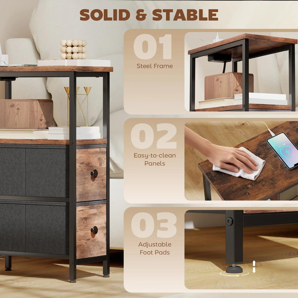 HOMCOM Side Table, Narrow Bedside Table with Charging Station, 2 Drawers, AC Outlet and 2 USB Ports for Living Room, Bedroom Additional View 6