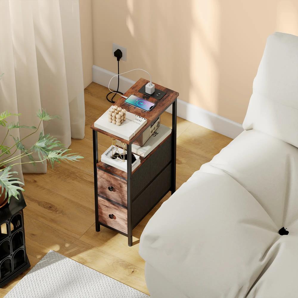 HOMCOM Side Table, Narrow Bedside Table with Charging Station, 2 Drawers, AC Outlet and 2 USB Ports for Living Room, Bedroom Additional View 10