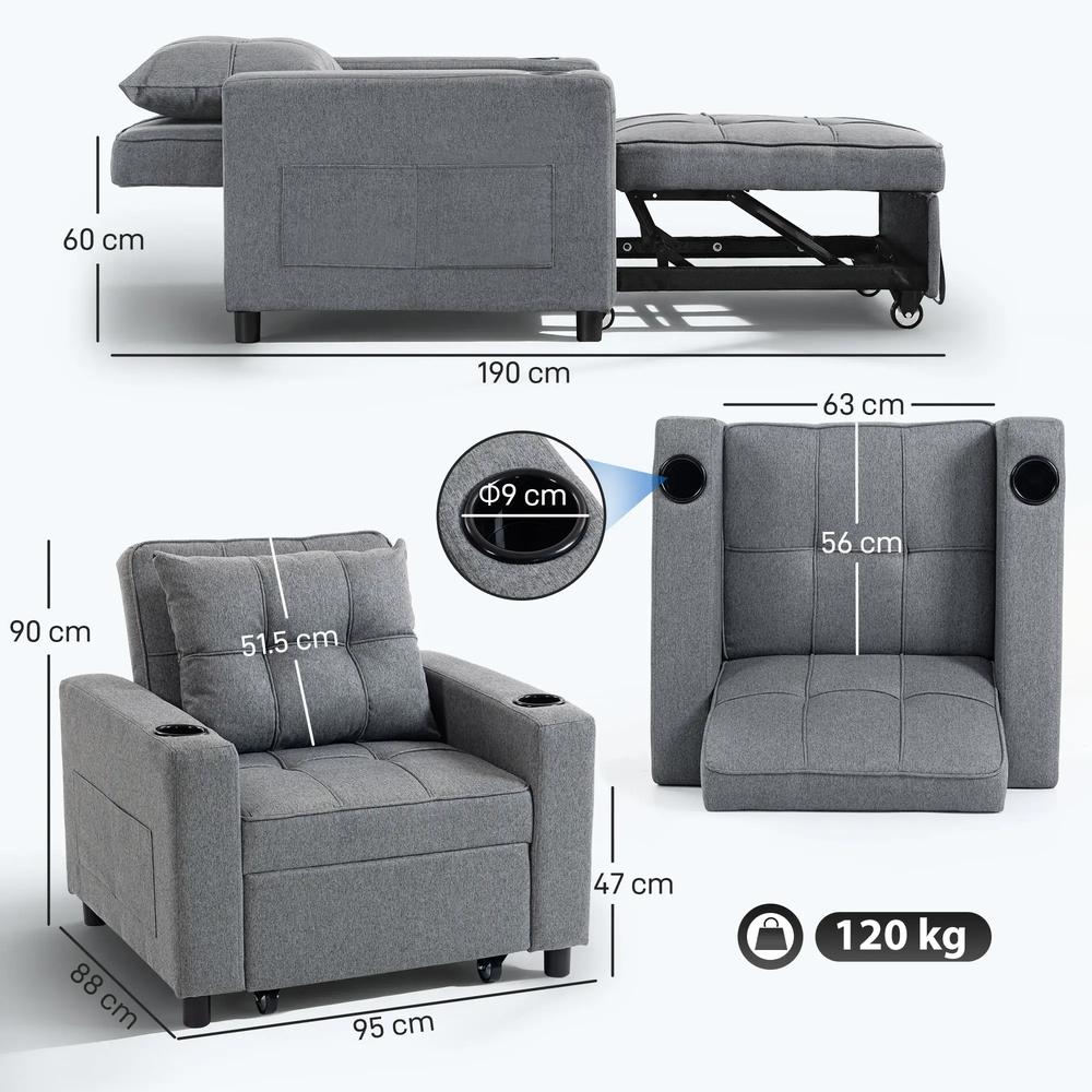 HOMCOM 3-in-1 Single Sofa Bed, Convertible Sleeper Chair Bed Additional View 3