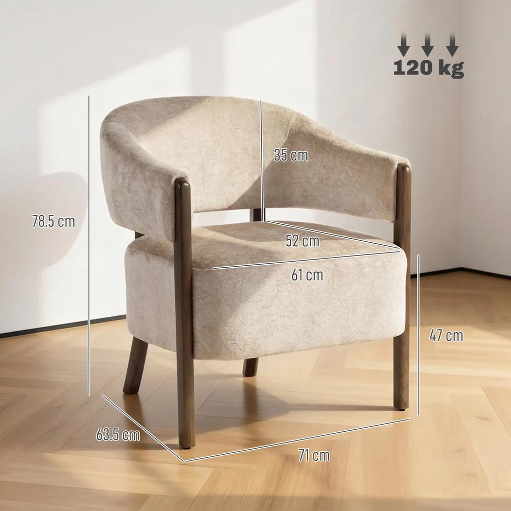 HOMCOM Accent Chair, Chenille Upholstered Tub Chair with Wide Seat, Solid Wood Frame and Legs, Comfy Armchair, Beige Additional View 3