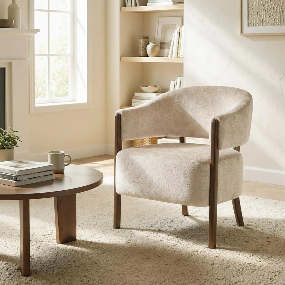 HOMCOM Accent Chair, Chenille Upholstered Tub Chair with Wide Seat, Solid Wood Frame and Legs, Comfy Armchair, Beige Additional View 8