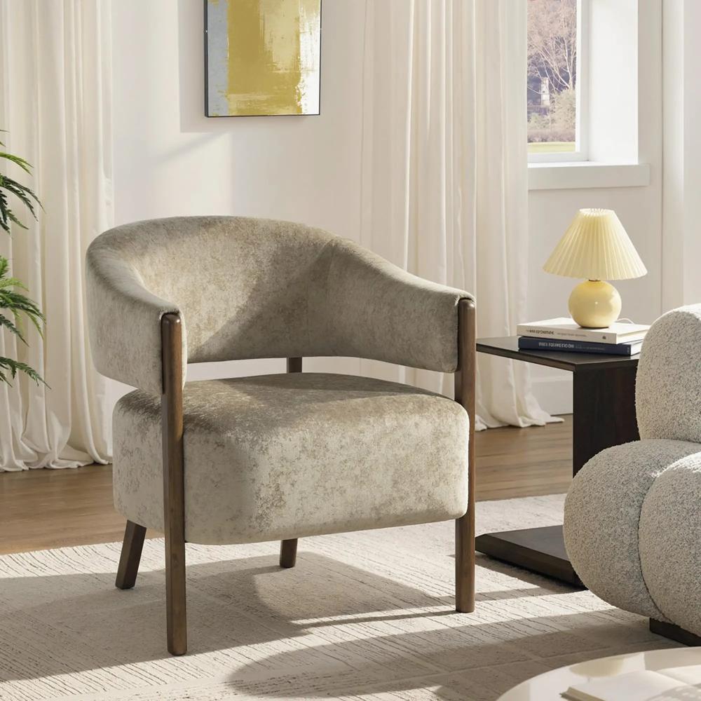 HOMCOM Accent Chair, Upholstered Tub Chair with Solid Wood Frame and Legs, Light Brown Additional View 2