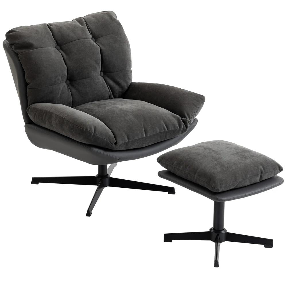 HOMCOM Accent Chair with Footstool, Swivel Lounge Chair with Chenille Upholstery, Metal Base, Dark Grey Additional View 11