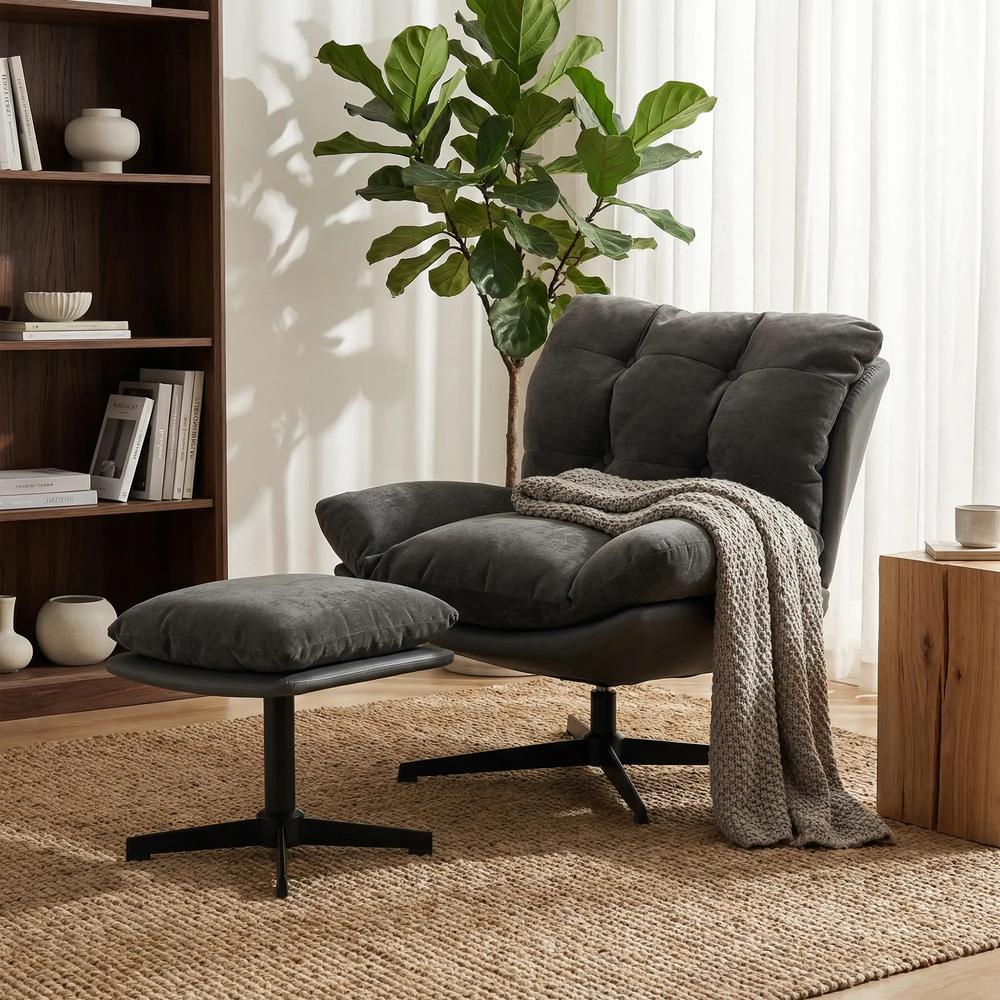 HOMCOM Accent Chair with Footstool, Swivel Lounge Chair with Chenille Upholstery, Metal Base, Dark Grey Additional View 2