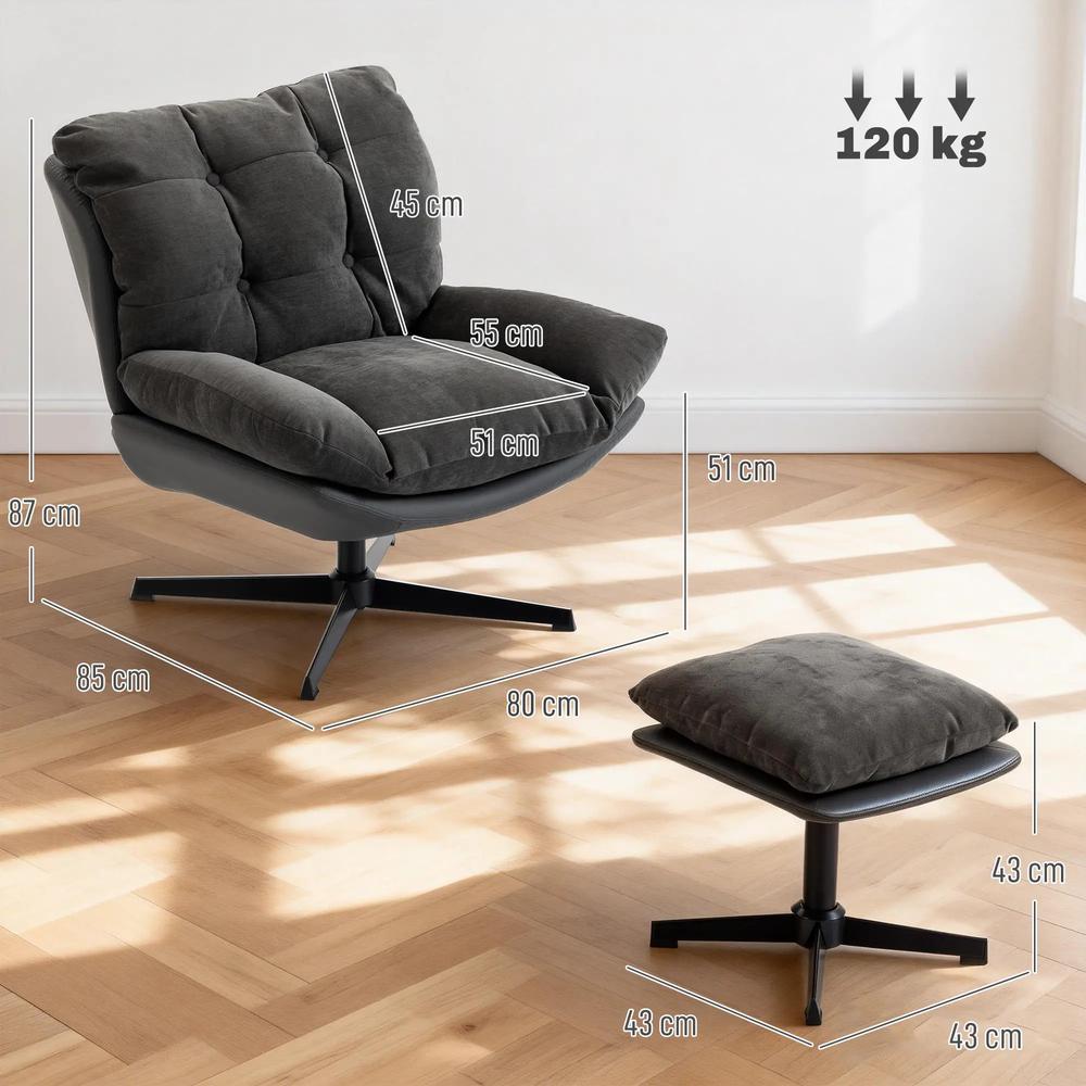 HOMCOM Accent Chair with Footstool, Swivel Lounge Chair with Chenille Upholstery, Metal Base, Dark Grey Additional View 3