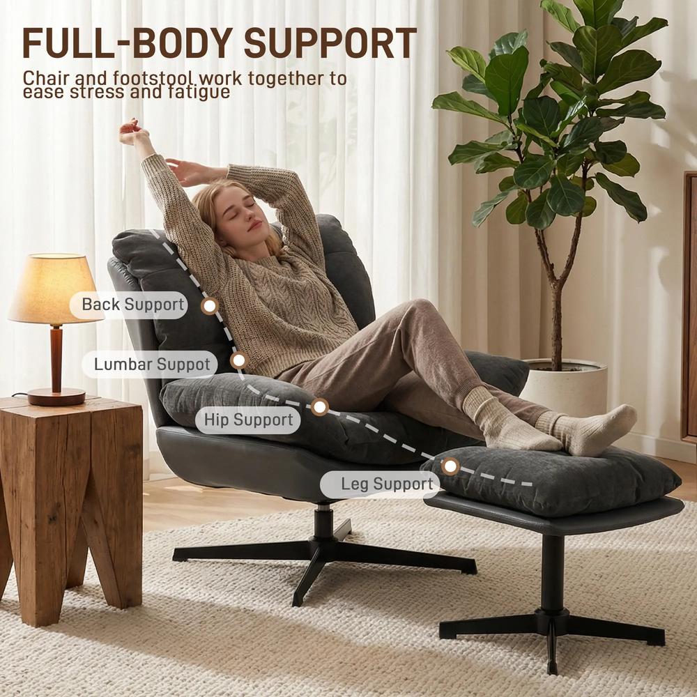 HOMCOM Accent Chair with Footstool, Swivel Lounge Chair with Chenille Upholstery, Metal Base, Dark Grey Additional View 4