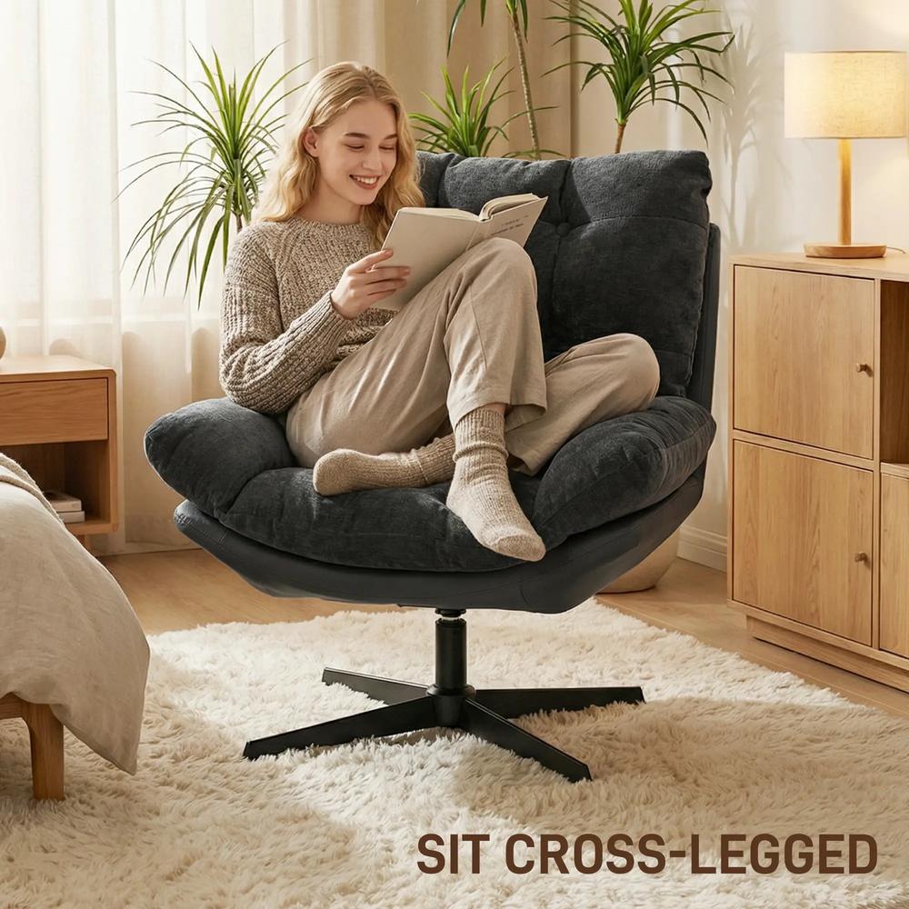 HOMCOM Accent Chair with Footstool, Swivel Lounge Chair with Chenille Upholstery, Metal Base, Dark Grey Additional View 5