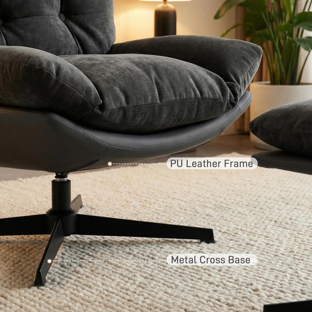 HOMCOM Accent Chair with Footstool, Swivel Lounge Chair with Chenille Upholstery, Metal Base, Dark Grey Additional View 8