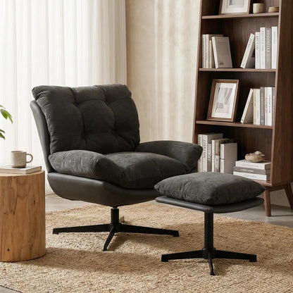 HOMCOM Accent Chair with Footstool, Swivel Lounge Chair with Chenille Upholstery, Metal Base, Dark Grey Additional View 10