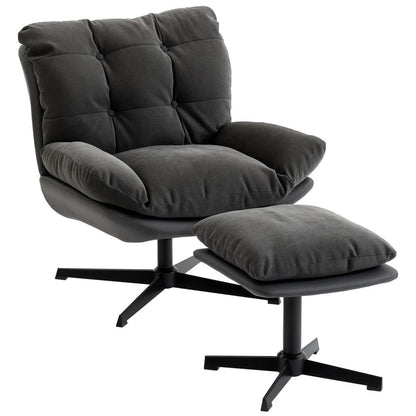 HOMCOM Accent Chair with Footstool, Swivel Lounge Chair with Chenille Upholstery, Metal Base, Dark Grey