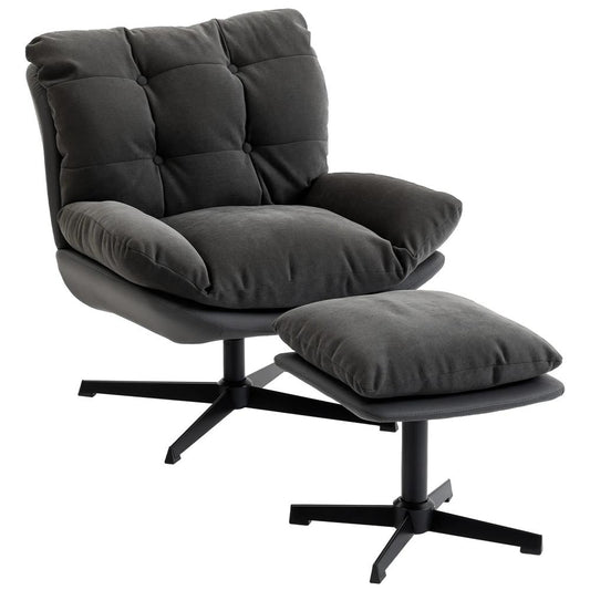 HOMCOM Accent Chair with Footstool, Swivel Lounge Chair with Chenille Upholstery, Metal Base, Dark Grey