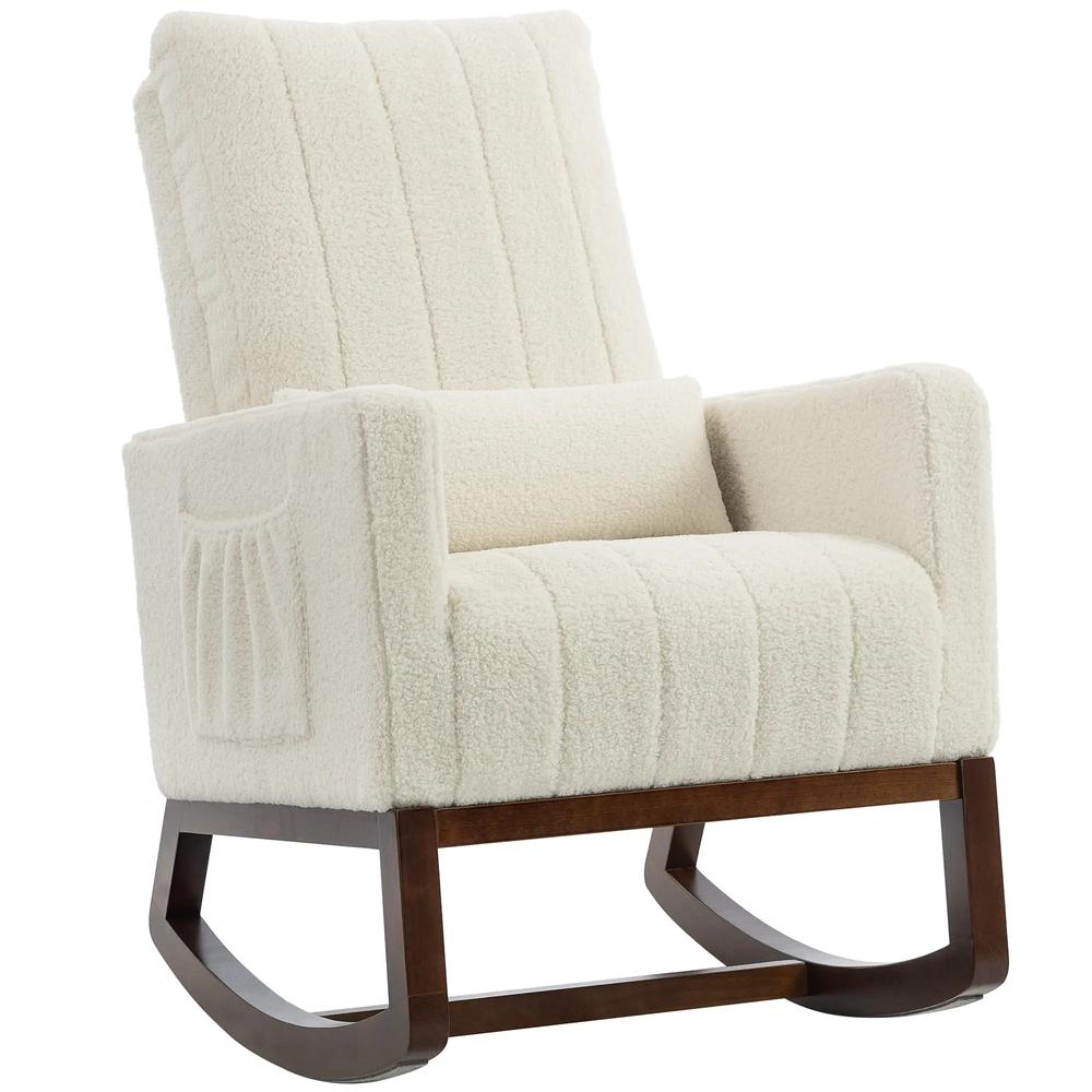 HOMCOM Rocking Chair for Adults, Lounge Rocker Chair with Lumbar Pillow, High Back, Wood Base, Side Pockets, Cream White Additional View 11