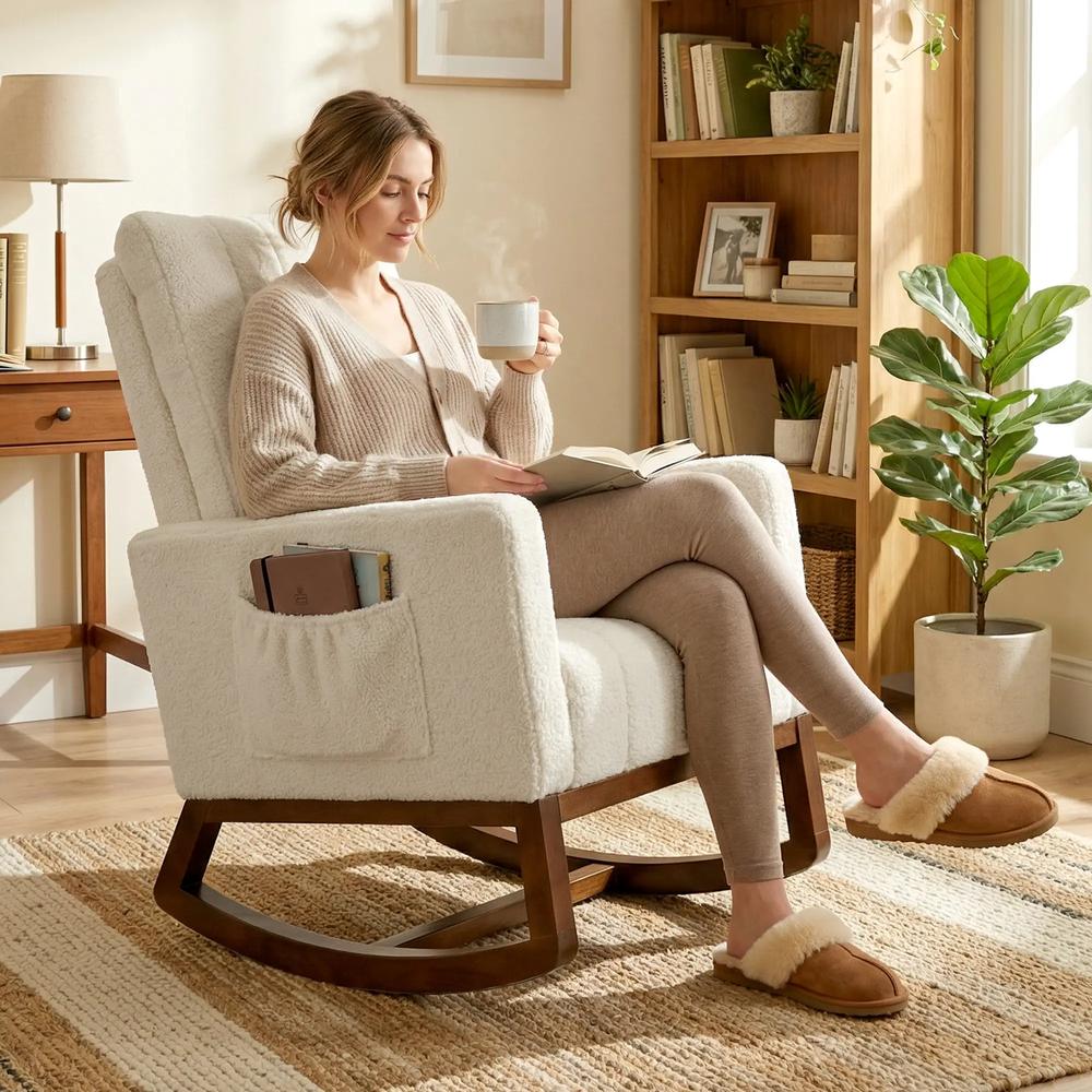 HOMCOM Rocking Chair for Adults, Lounge Rocker Chair with Lumbar Pillow, High Back, Wood Base, Side Pockets, Cream White Additional View 2