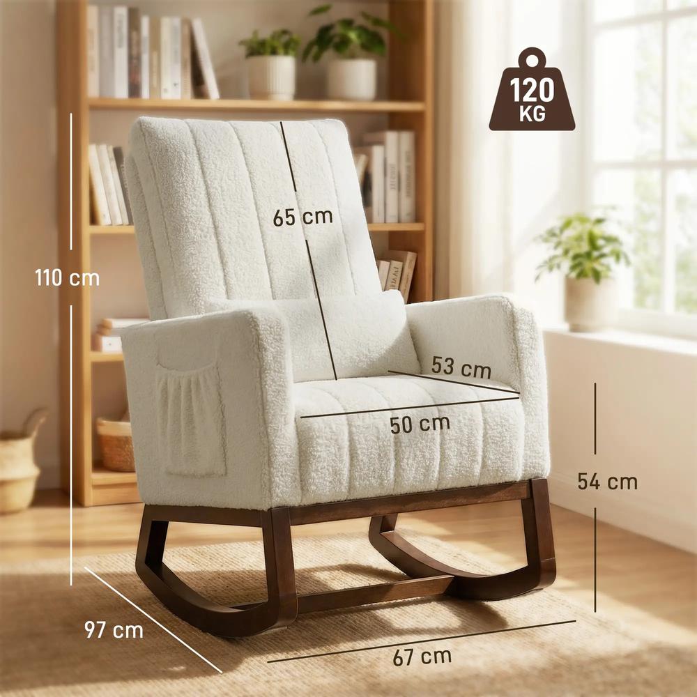 HOMCOM Rocking Chair for Adults, Lounge Rocker Chair with Lumbar Pillow, High Back, Wood Base, Side Pockets, Cream White Additional View 3