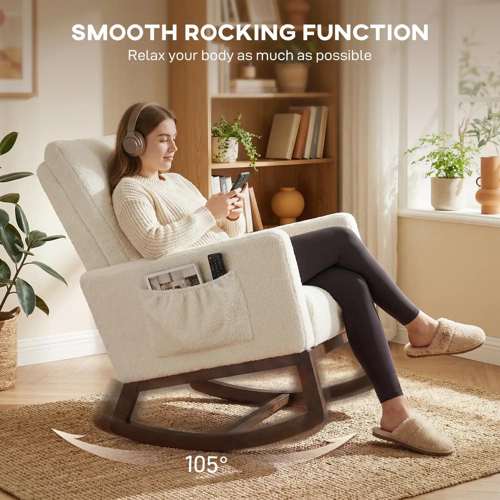 HOMCOM Rocking Chair for Adults, Lounge Rocker Chair with Lumbar Pillow, High Back, Wood Base, Side Pockets, Cream White Additional View 4