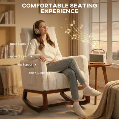 HOMCOM Rocking Chair for Adults, Lounge Rocker Chair with Lumbar Pillow, High Back, Wood Base, Side Pockets, Cream White Additional View 5