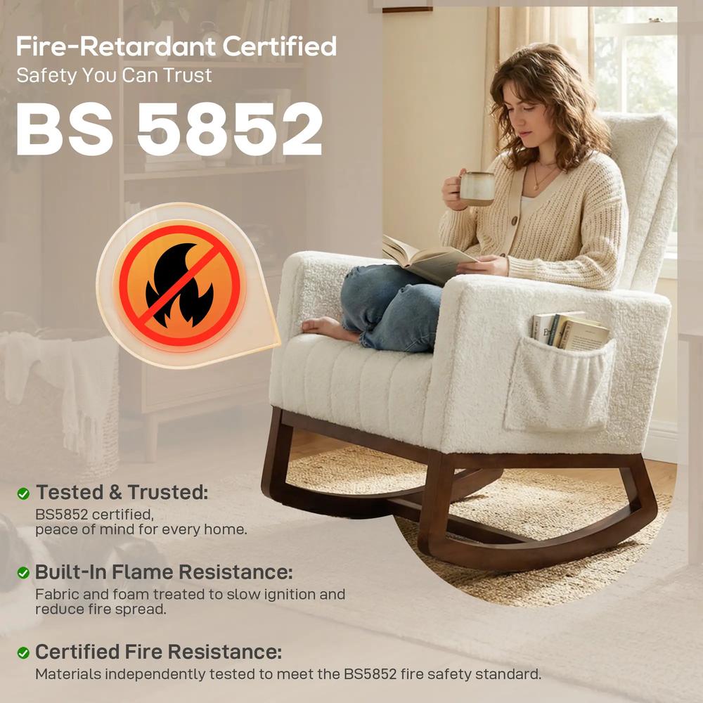 HOMCOM Rocking Chair for Adults, Lounge Rocker Chair with Lumbar Pillow, High Back, Wood Base, Side Pockets, Cream White Additional View 9