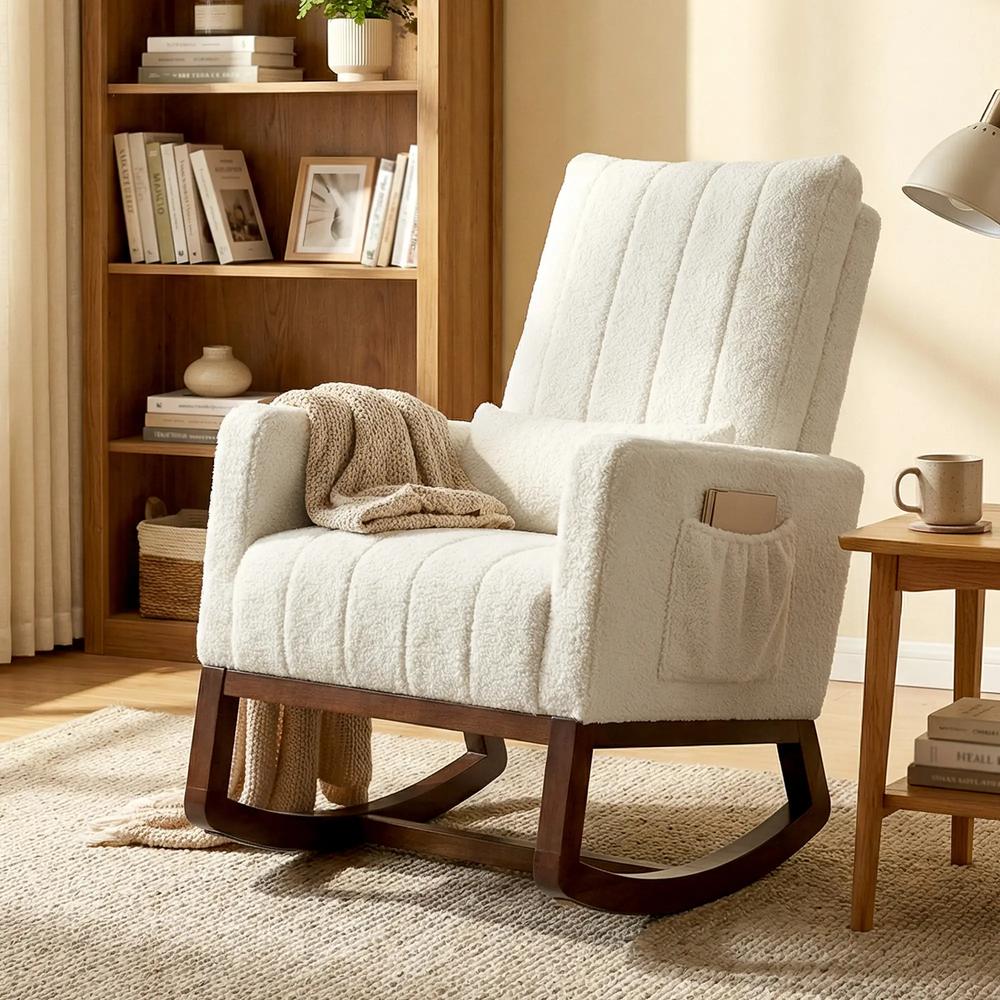 HOMCOM Rocking Chair for Adults, Lounge Rocker Chair with Lumbar Pillow, High Back, Wood Base, Side Pockets, Cream White Additional View 10